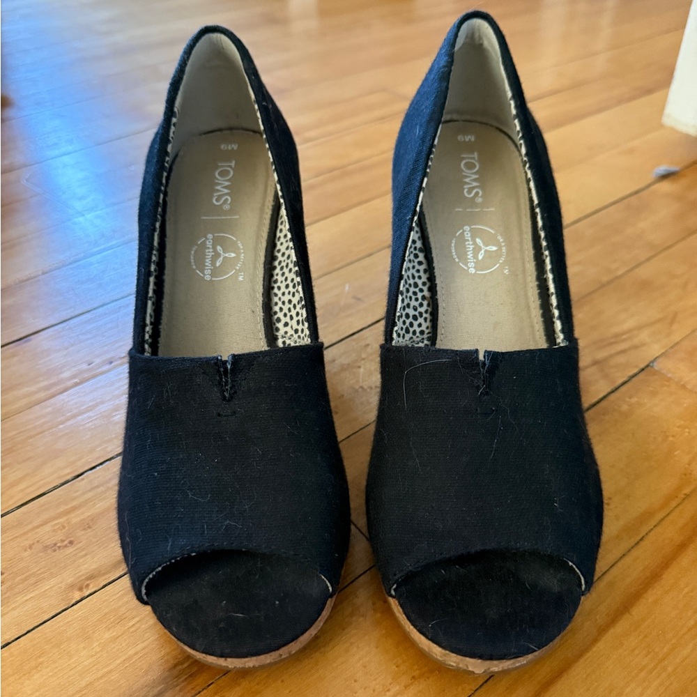 TOMS Black Peep Toe Wedges